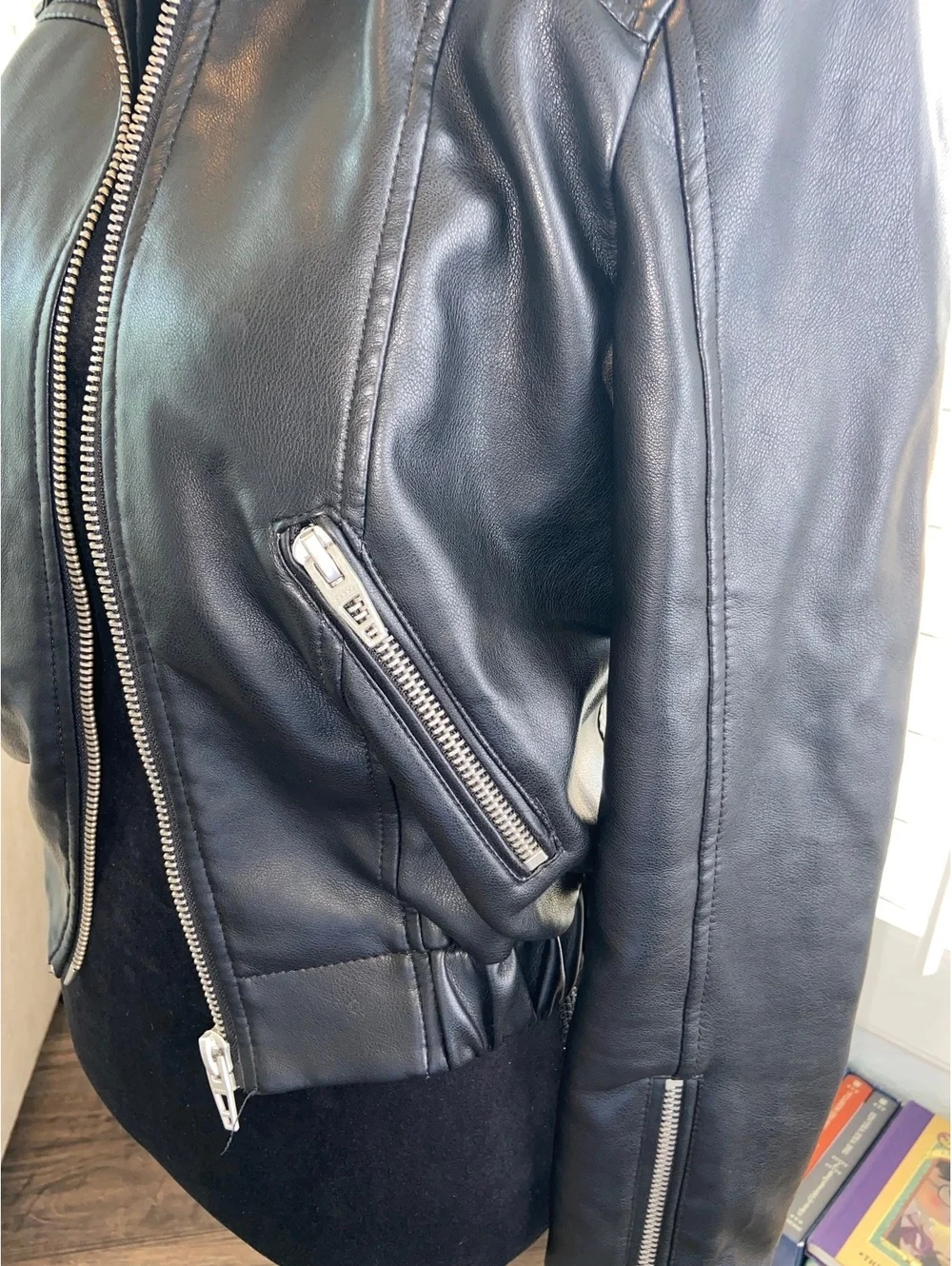 Black Faux Leather Zippered Bomber Jacket